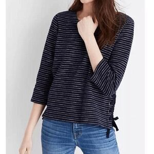 Madewell 100% cotton side-lace up sweater 3/4 sleeve Navy Blue White Stripe, Siz